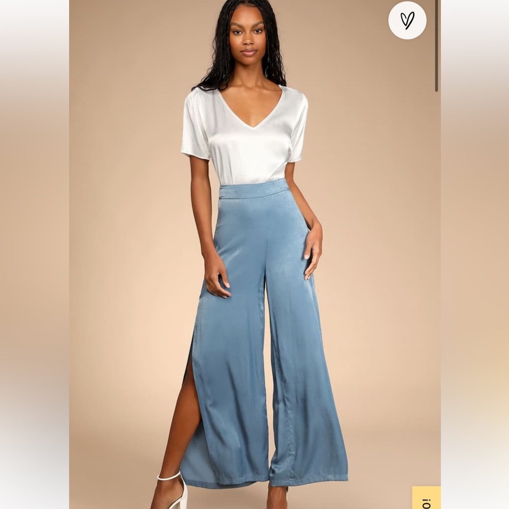 Sophisticated Moves Blue Satin Wide-Leg Side Slit Pants